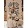 Old cotton ornament, girl with swaddle baby, antique card and sheep, h: 9 cm (cotton), 13 cm (card).