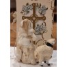 Old cotton ornament, girl with swaddle baby, antique card and sheep, h: 9 cm (cotton), 13 cm (card).