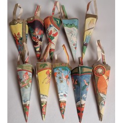 10 old candycontainer in cardboard, elves, angels and more, h: 14 cm (without hanger).