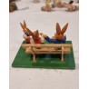 Old Easter ornament from Erzgebirge, rabbit/bunny family, size: h: 6,5 cm, display 10x7,5 cm.