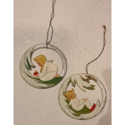 2 old handpainted paper ornaments, Ø: 5 cm.