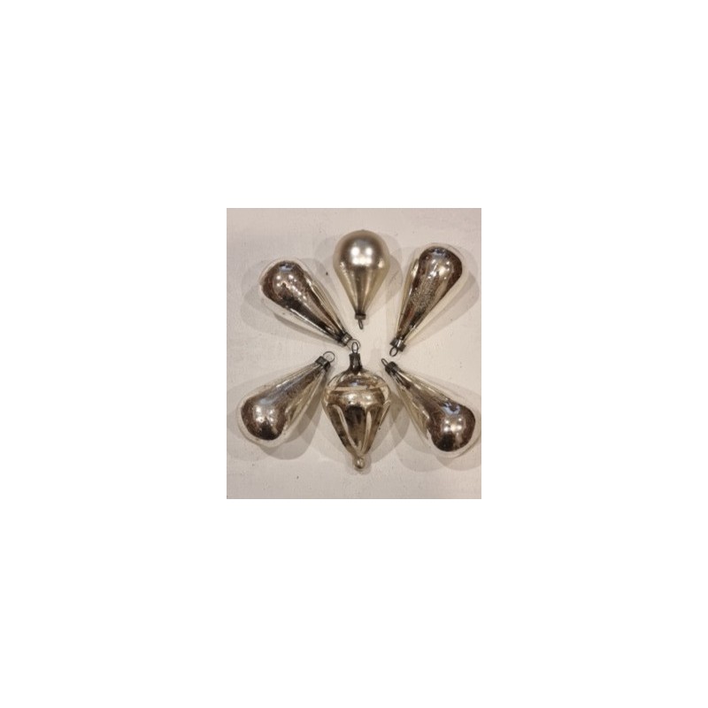Collection of old glass ornaments, silver drops, h: 7,5 - 8 cm.