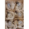 Box of antique glass ornaments, 3 Harlekin - and silver walnuts, h: 5 - 7,5 cm.
