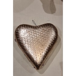 Antique ornament, heart shaped candycontainer in foil and with a ribbon, h: 13 cm.