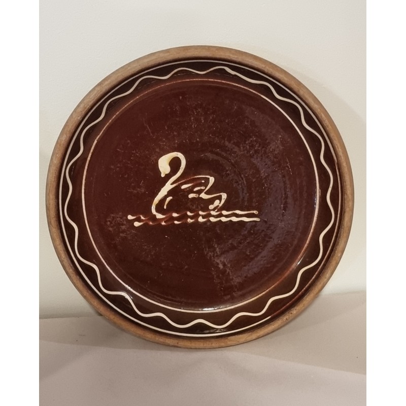 Antique pottery, pancake plate with a swan, Ø: 30 cm.
