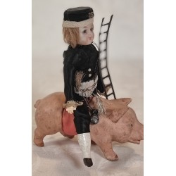 Antique chimney sweeper in silk clothes with reel hair and glass eyes + pig, candycontainer, size:  21 cm + l: 16,5 cm (pig)