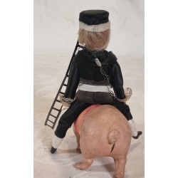 Antique chimney sweeper in silk clothes with reel hair and glass eyes + pig, candycontainer, size:  21 cm + l: 16,5 cm (pig)