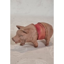 Antique chimney sweeper in silk clothes with reel hair and glass eyes + pig, candycontainer, size:  21 cm + l: 16,5 cm (pig)