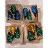 Orig. boxes (5x6cm) with small german glass Santas, h: 3,5 cm (3x).