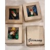 Orig. boxes (5x6cm) with small german glass Santas, h: 3,5 cm (3x).