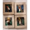 Orig. boxes (5x6cm) with small german glass Santas, h: 3,5 cm (3x).