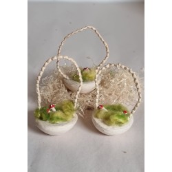 Antique cotton ornament, basket with mushroom, h: 8,5 cm.