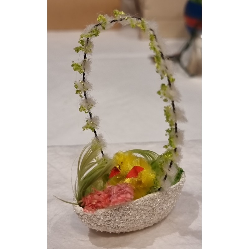 Old Easter ornament, egg basket with chicken, h: 9 cm.