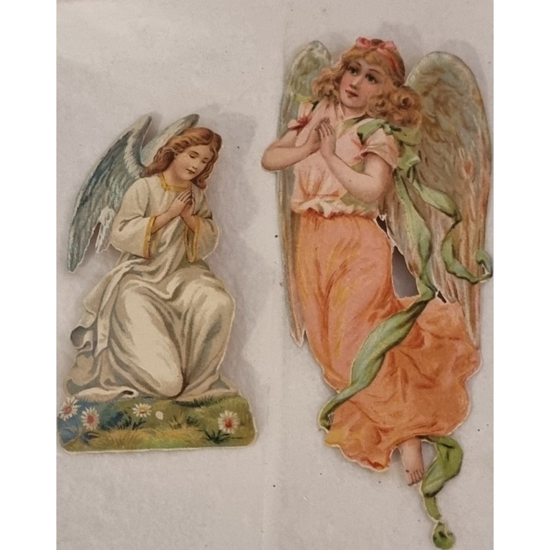 2 antique scrap, angels, h: 12 - 18 cm.