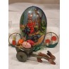 Small, antique bunny with wagon in wood/egg, size: 6 x 14 cm.