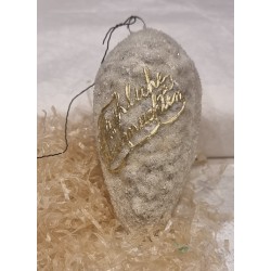 Gammelt papmachè pynt, kogle med engel og Mica, h: 9 cm.