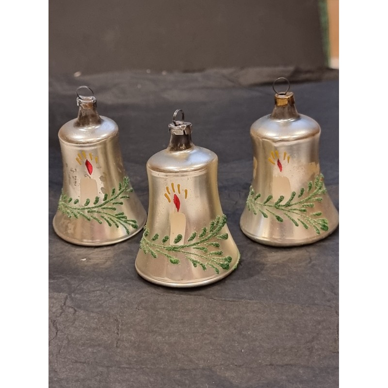Old glass ornament, bells, silver with decoration, h: 6 cm.