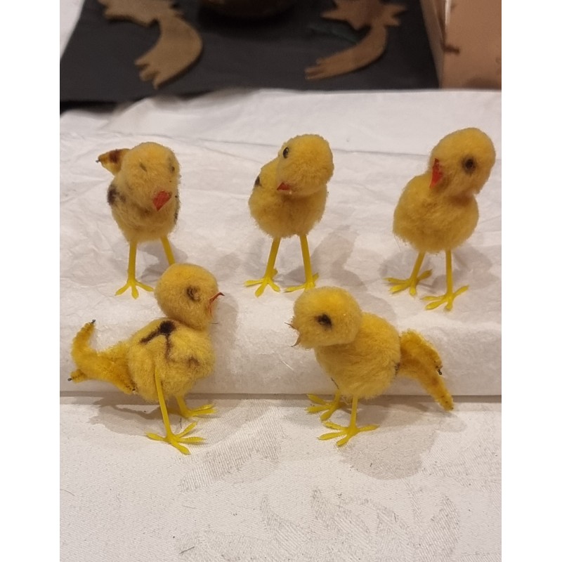 5 old cotton wool chicken,h: 5,5 cm. (5x)