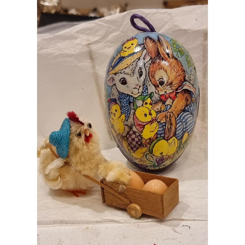 Gammelt pap påskeæg, påske dyr, h: 11 cm + påskekylling med vogn.