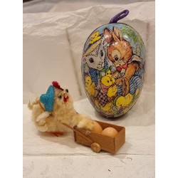 Gammelt pap påskeæg, påske dyr, h: 11 cm + påskekylling med vogn.