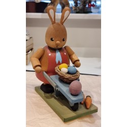 Old common art from Erzgebirge, bunny with a wheelbarrow, h: 19 cm.