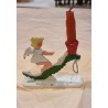 Small antique candleholder in wood with angel and mountain, h: 10,5 cm (candle).