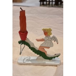 Small antique candleholder in wood with angel and mountain, h: 10,5 cm (candle).