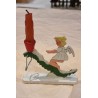 Small antique candleholder in wood with angel and mountain, h: 10,5 cm (candle).