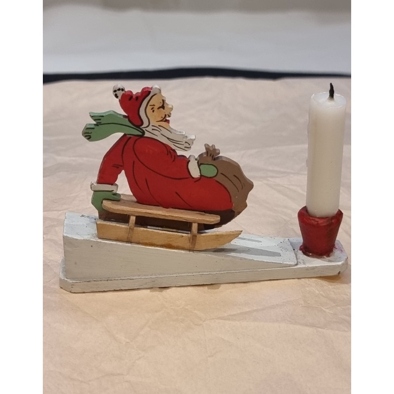 Small, antique candle holder, wood, Santa on a sledge h: 7 cm (Santa).