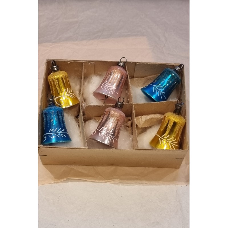 Box of old glass ornaments, bells with decoration, pastel, h: 5 cm.