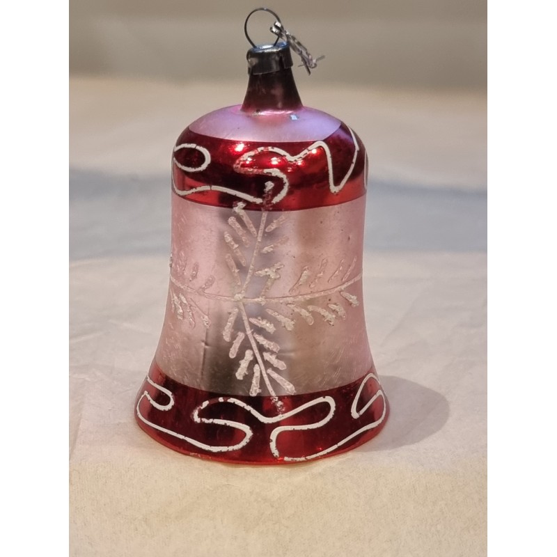 Old glass ornament, tall bell with decoration, pink, h: 7 cm.