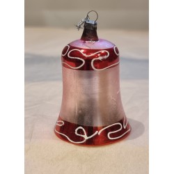 Gammelt glaspynt, stor klokke med dekoration, lyserød/rød, h: 7 cm.