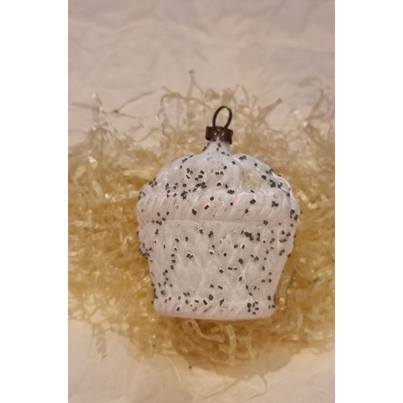Old glass ornament, pink flower basket with broken glass decoration, h: 5,5 cm.