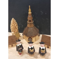 Erzgebirge, opstilling med gamle huse, kirke, korsangere og præst, h: 12 cm (kirke).