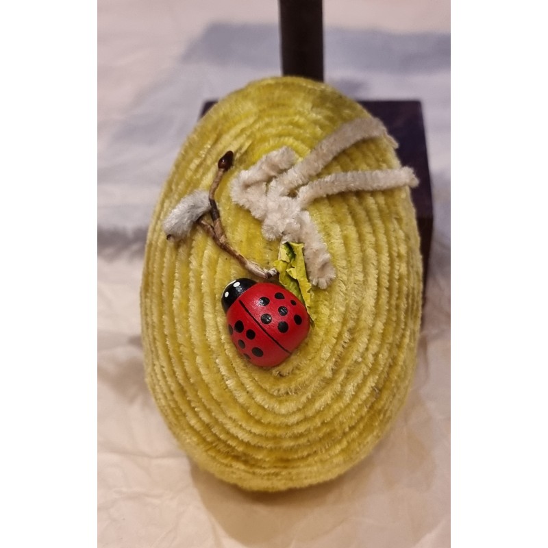 Gammelt/antikt chenille/pap påskeæg med Mariehøne, h: 12 cm