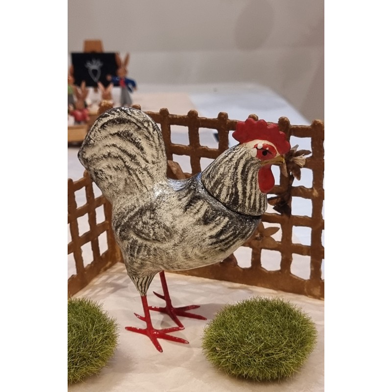 Påskepynt, papmachè, candycontainer, hane, hvid/sort, h: 15 cm.