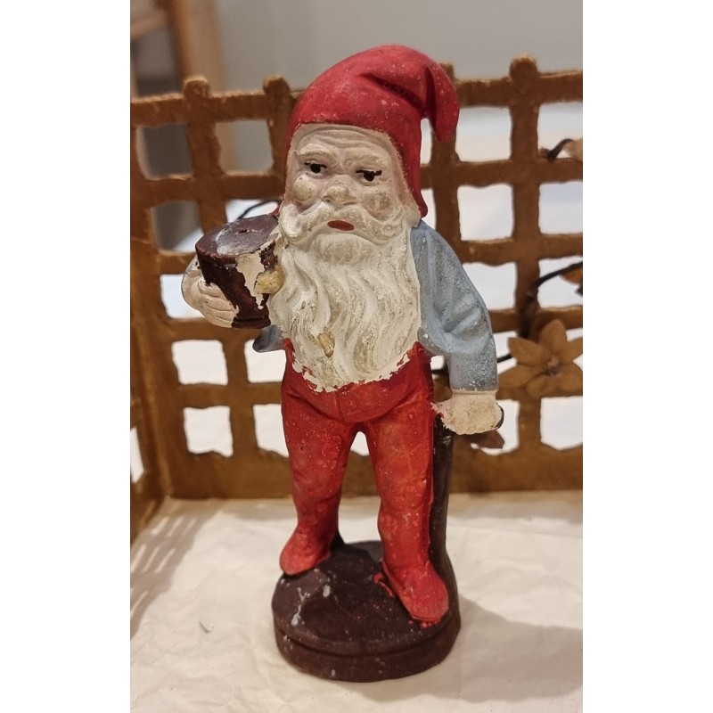 Antique plaster elf with a stick, h: 13 cm.