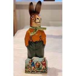 Easter ornament, candycontainer, bunny in papier-mache, trouser/green + scrap, h: 25 cm.