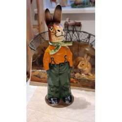 Easter ornament, candycontainer, bunny in papier-mache, trouser/green + scrap, h: 25 cm.