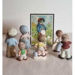 1 billede og 7 gamle Mecki figurer i porcelæn, h: 16,5 cm (billede).