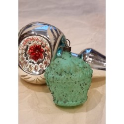 Old glass ornament, unsilvered flower basket with "broken glass", h: 5,5 cm.