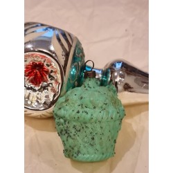 Old glass ornament, unsilvered flower basket with "broken glass", h: 5,5 cm.