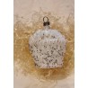 Old glass ornament, unversilvered, flower basket, pink with "broken glass", h: 5,5 cm.