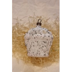 Old glass ornament, unversilvered, flower basket, pink with "broken glass", h: 5,5 cm.