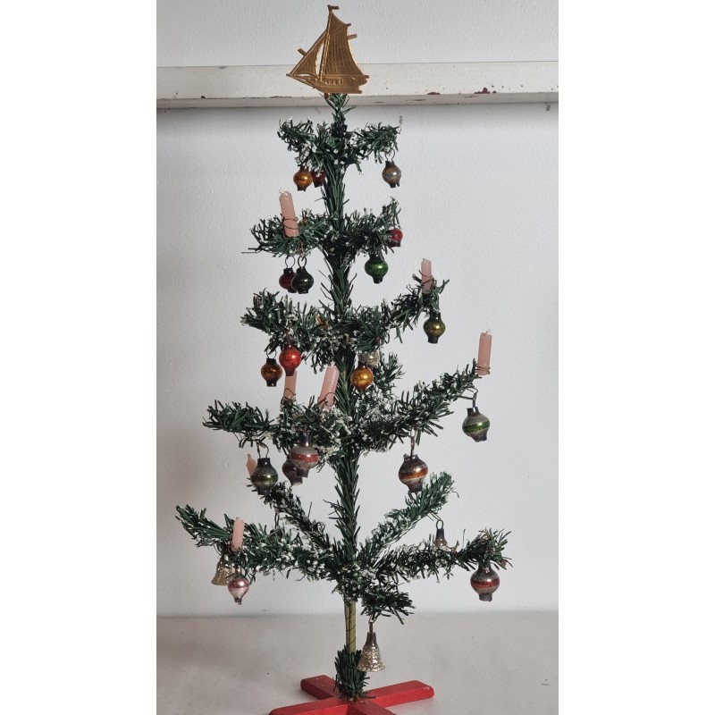 Antique paper tree with orig. glass ornaments and candleholders, h: 48 cm.
