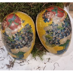 Antique cardboard Easter egg, girl with violets, h: 15 cm.