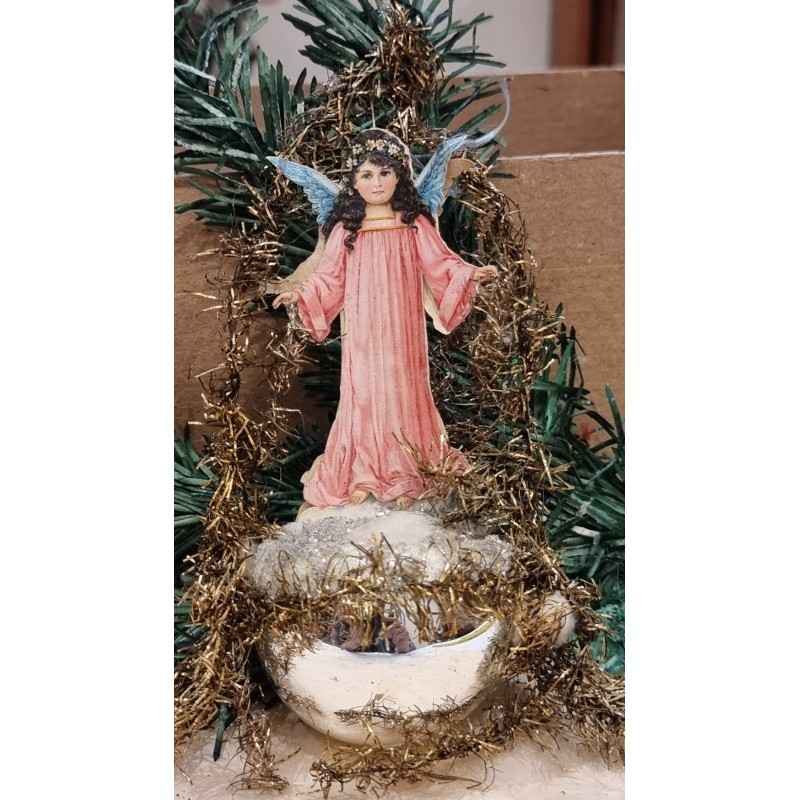 Antikt tinsel pynt på glaskugle med 2 engle, h: 16 cm.