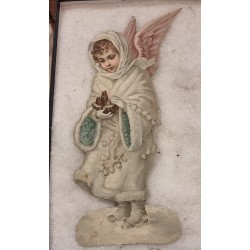 Stort Antikt glansbillede/pap fra 1880, vinter engel, h: 27 cm.