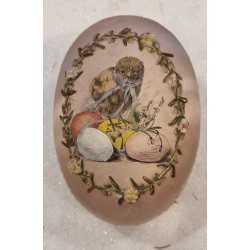 Antique silk covered Easter egg, handpainted, paper flowers on the front, h: 14 cm.