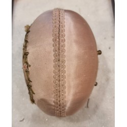 Antique silk covered Easter egg, handpainted, paper flowers on the front, h: 14 cm.